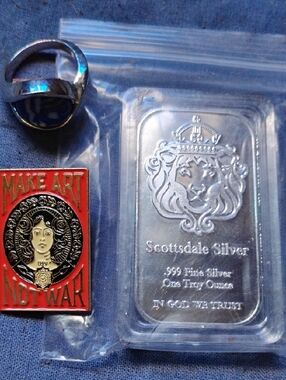 Scottsdale Silver 1 oz .999 Fine Silver plate Bar3D Enamel Pin&SS Ring (sz6)